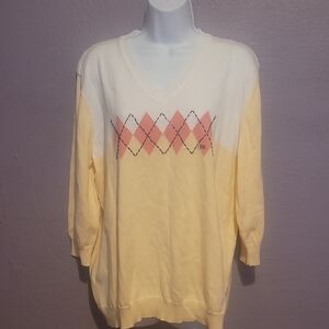 Van Heusen Women's V-Neck Sweater - Cream and Peach Argyle